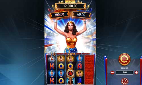 Wonder Woman Bullets and Bracelets base game screenshot showing reels and features