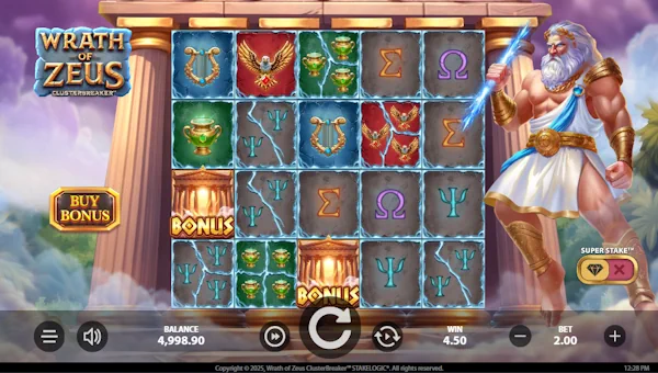 Wrath of Zeus Clusterbreaker base game screenshot showing reels and features