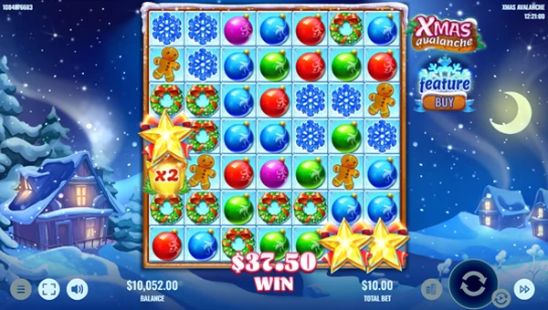 Xmas Avalanche base game screenshot showing reels and features
