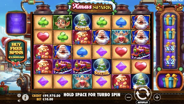 Xmas Spark base game screenshot showing reels and features