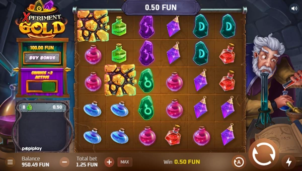 Xperiment Gold base game screenshot showing reels and features