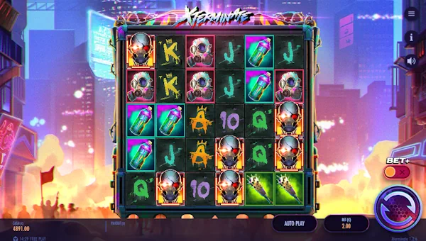 Xterminate base game screenshot showing reels and features