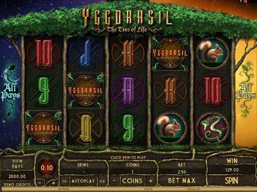 Yggdrasil base game screenshot showing reels and features