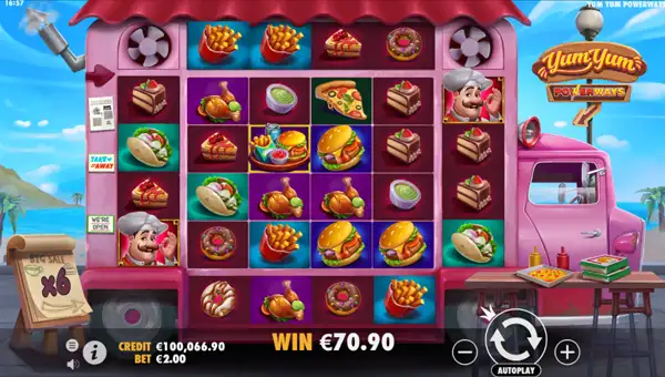 Yum Yum base game screenshot showing reels and features
