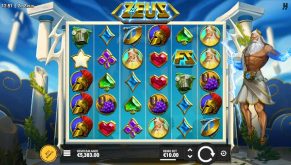 Ze Zeus base game screenshot showing reels and features