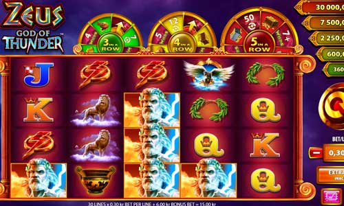 Zeus God of Thunder base game screenshot showing reels and features