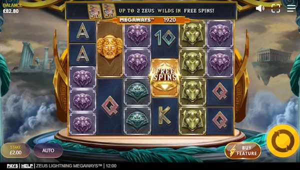 Zeus Lightning Megaways base game screenshot showing reels and features