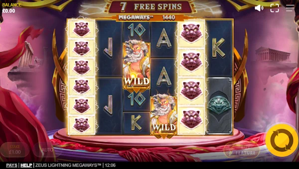 Screenshot of Zeus Lightning Megaways slot demo showing reels and bonus game features