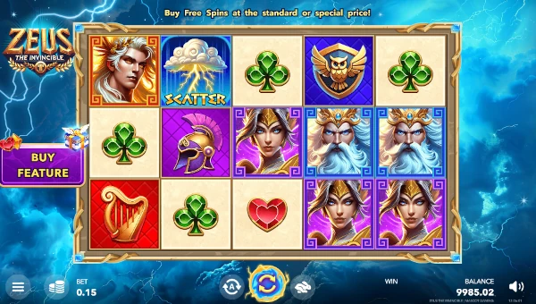 Zeus The Invincible base game screenshot showing reels and features