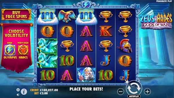 Zeus vs Hades Gods of War base game screenshot showing reels and features