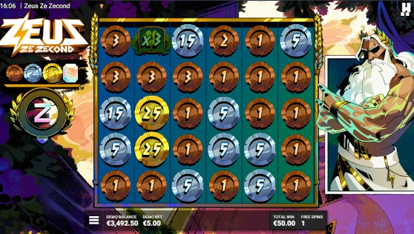 Screenshot of Zeus Ze Zecond slot demo showing reels and bonus game features