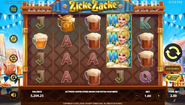 Zicke Zacke base game screenshot showing reels and features