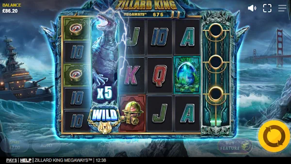 Zillard King Megaways base game screenshot showing reels and features