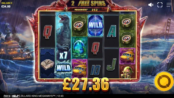 Screenshot of Zillard King Megaways slot demo showing reels and bonus game features