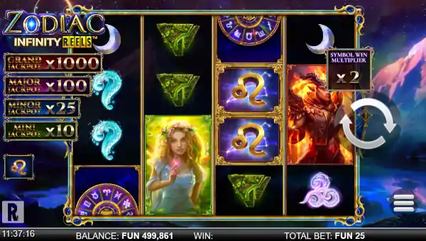 Zodiac Infinity Reels base game screenshot showing reels and features