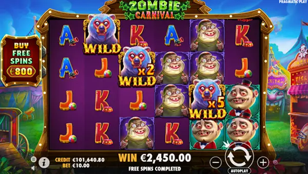 Zombie Carnival base game screenshot showing reels and features