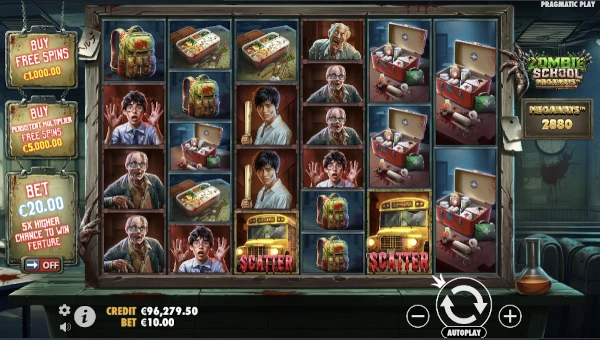 Zombie School Megaways base game screenshot showing reels and features
