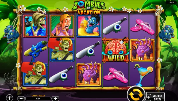 Zombies on Vacation base game screenshot showing reels and features