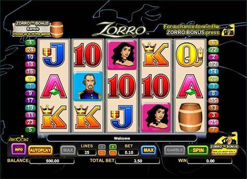 Zorro base game screenshot showing reels and features