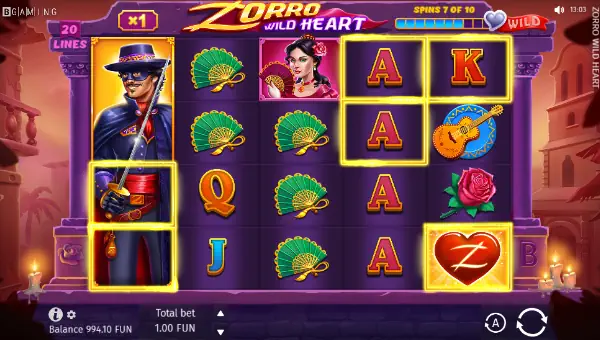 Zorro Wild Heart base game screenshot showing reels and features